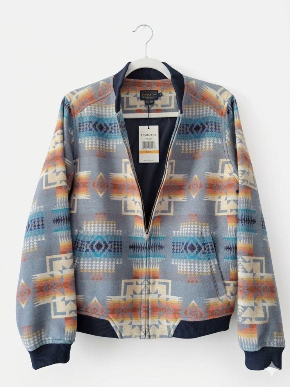 PENDLETON WOMEN'S WOOL BOMBER JACKET NWT L CHIEF JOSEPH PATTERN BLUE MULTI - Picture 1 of 15